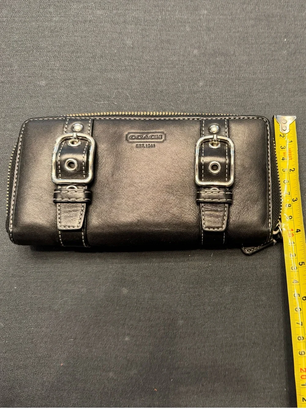 COACH Black Leather Wallet with Double Buckle Accents